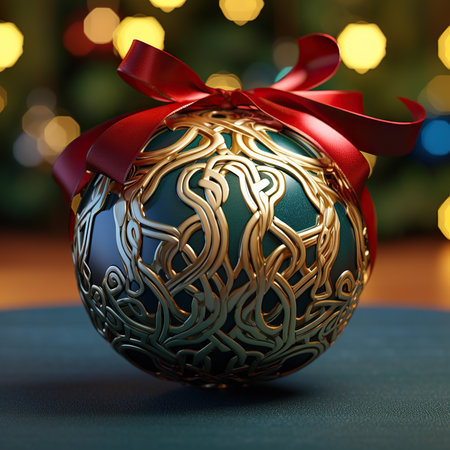 Christmas bauble with red ribbon and bokeh lights on backgroundの素材