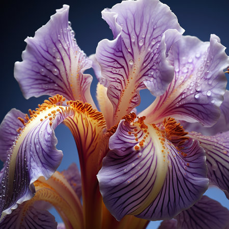 Beautiful iris flower close-up on a blue background.の素材