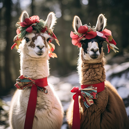 Two cute alpaca with a wreath on their heads in the winter forestの素材