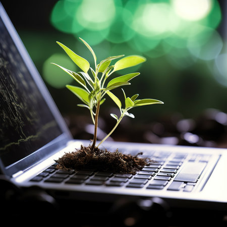 Green seedling growing on laptop with coffee beans on bokeh backgroundの素材