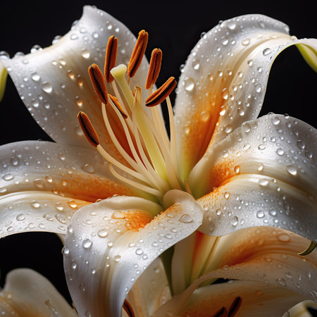Beautiful lily flower with water drops on black background, closeupの素材