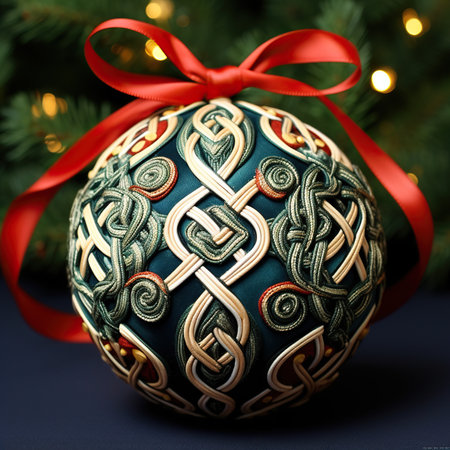 Christmas bauble with ornaments on a background of Christmas treeの素材