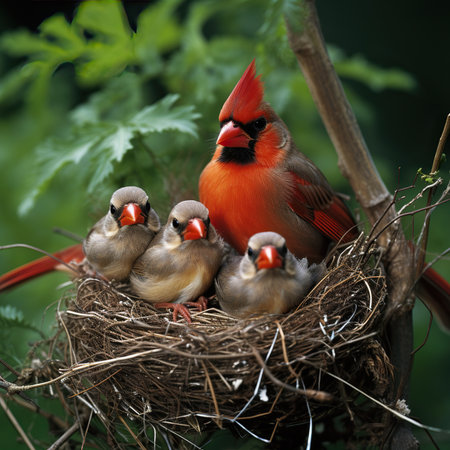 Northern Cardinal (cardinalis cardinalis) family in the nestの素材