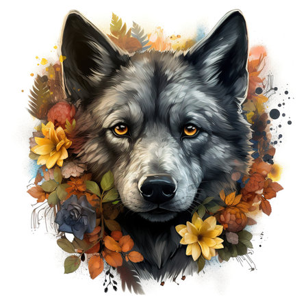 Watercolor portrait of a wolf with autumn leaves on a white backgroundの素材