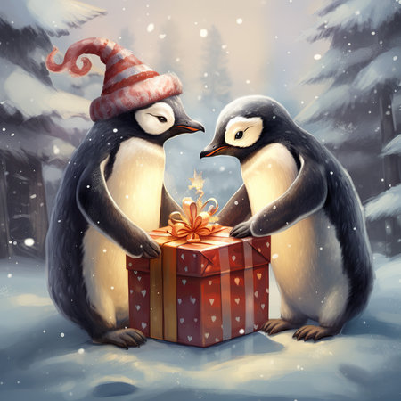 Two penguins in the winter forest with gift box. Christmas illustration.の素材