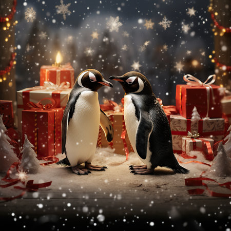 Penguin couple with christmas gift boxes and snowflakesの素材