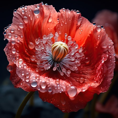 Red poppies with dew drops on petals close upの素材