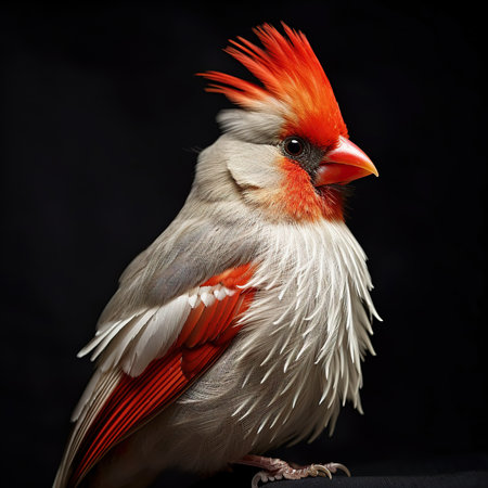 Red cardinal bird isolated on black background, close-up portrait, side viewの素材