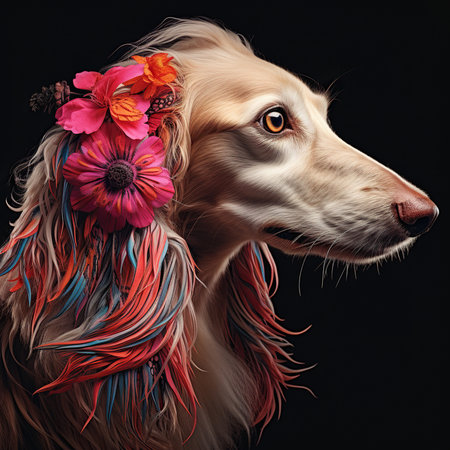 Portrait of a beautiful Afghan hound dog with a flower in her hairの素材