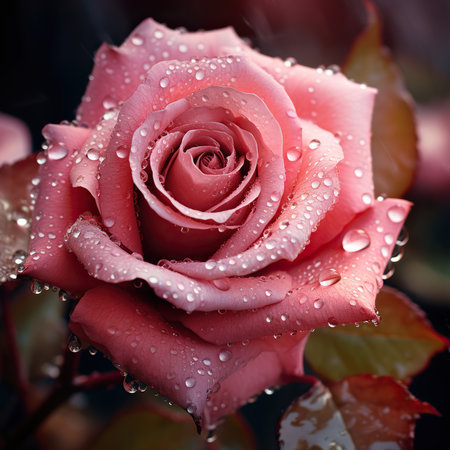 Beautiful pink rose with dew drops close-up macro photographyの素材