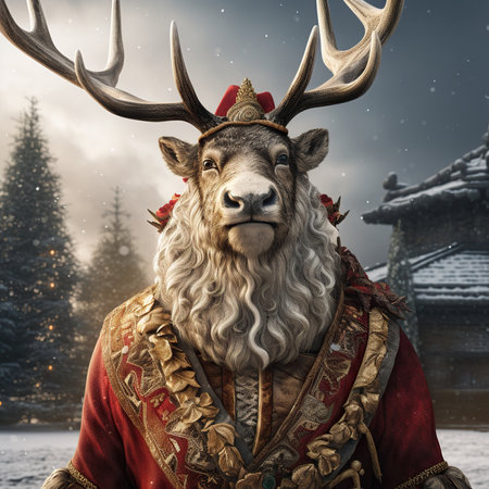 Santa Claus with reindeer in the winter forest. Christmas theme.の素材