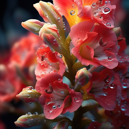Beautiful red gladiolus with dew drops close-upの素材