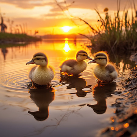 Ducklings in the water at sunset. Beautiful nature background.の素材