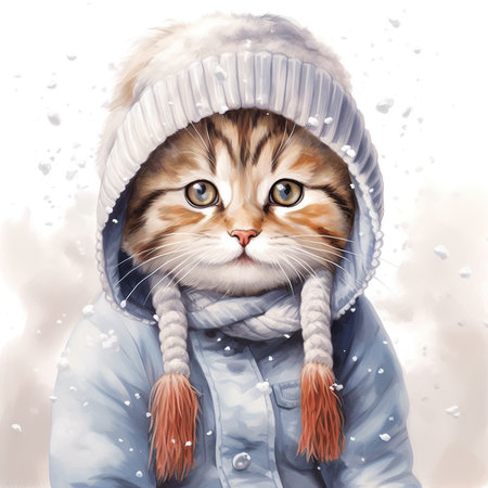 Cute ginger cat in winter clothes. Winter fashion. Watercolor illustration.の素材