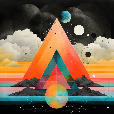 Abstract colorful background with mountains, clouds, sun and geometric shapes.の素材