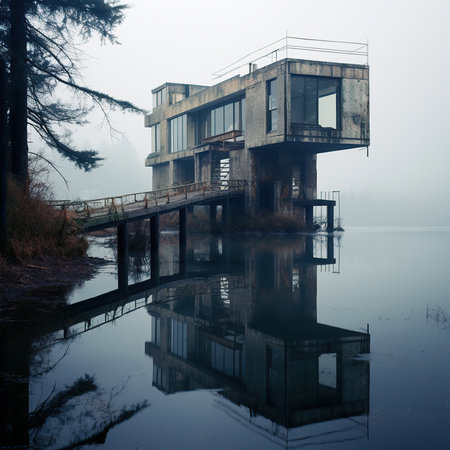 Wooden house on the bank of the lake in the fog.の素材