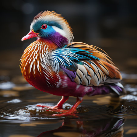 Beautiful colorful mandarin duck standing on water surface. Wildlife scene from nature.の素材