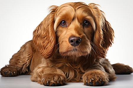 Cocker Spaniel lying down and looking at camera on white backgroundの素材