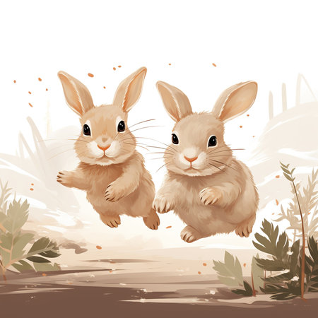Rabbits in the garden. Vector illustration of two rabbits.の素材