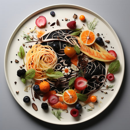 Plate with tasty pasta and fruits on grey background, top viewの素材