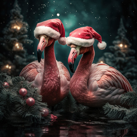 Flamingo couple in Santa Claus hat on christmas background.の素材