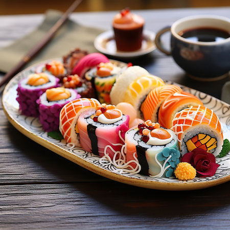 Sushi set on wooden background. Japanese food. Close up.の素材