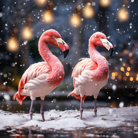 Two flamingos in the snow. Christmas and New Year concept.の素材