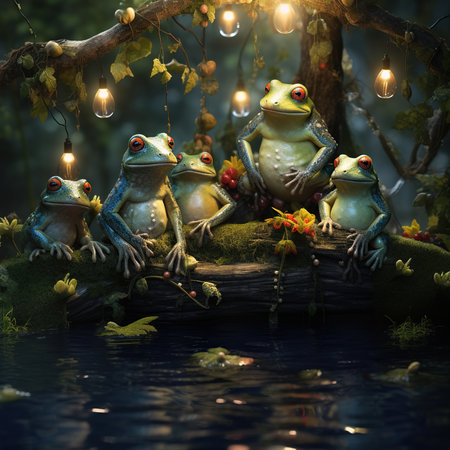 Frogs in the forest with garland lights. 3d renderingの素材