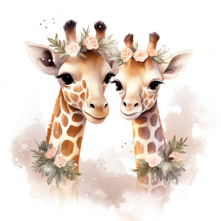 Two giraffes with floral wreaths. Watercolor illustrationの素材