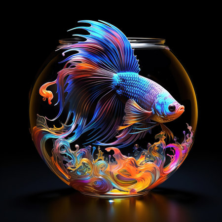 Siamese fighting fish in a glass bowl on black background.の素材
