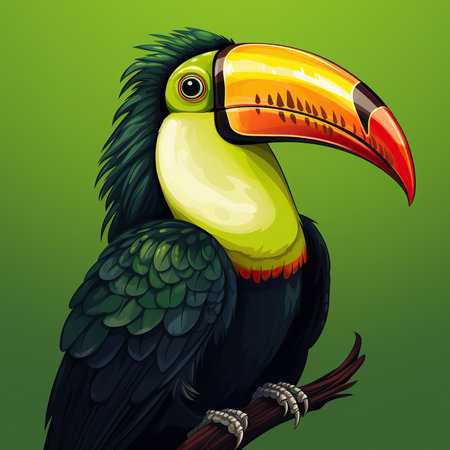 Toucan on a branch on a green background. Vector illustrationの素材