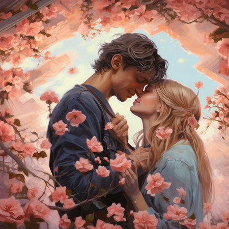 Digital painting of a loving couple kissing in front of a blooming treeの素材