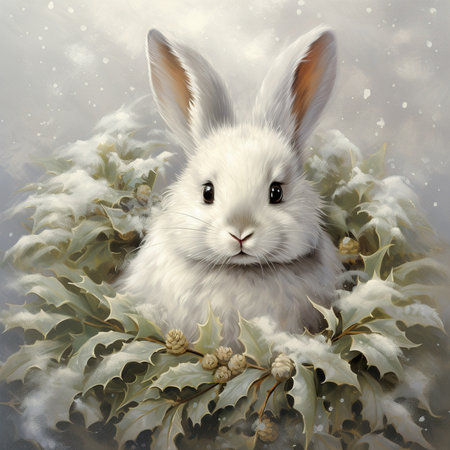 Easter bunny with a wreath of mistletoe. Digital painting.の素材