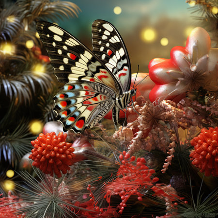 Christmas decoration with pine tree and butterfly on bokeh background.の素材