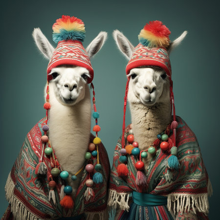 Two alpaca wearing colorful clothes and scarves. Studio shot.の素材