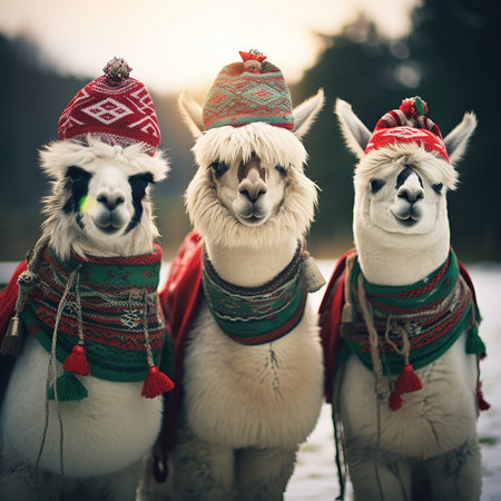 Three alpaca wearing warm hats and scarfs in the snowの素材