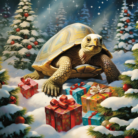 tortoise on the background of the Christmas tree and gift boxesの素材