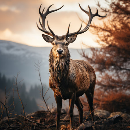 Majestic red deer stag with large antlers standing on a rock in autumn forest.の素材