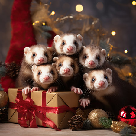 Group of ferret with Christmas gifts and decorations on wooden background.の素材