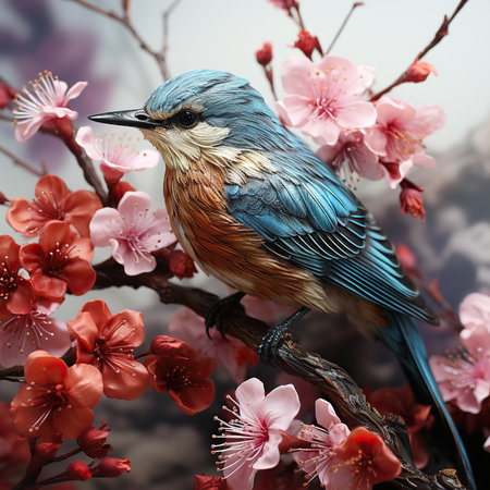 Beautiful bird on branch of blossoming sakura, closeupの素材