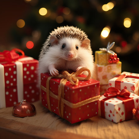 Cute little hedgehog with gift boxes and Christmas tree on backgroundの素材