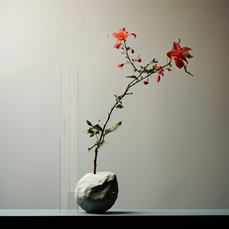 red lily flower in vase on table and grey wall backgroundの素材