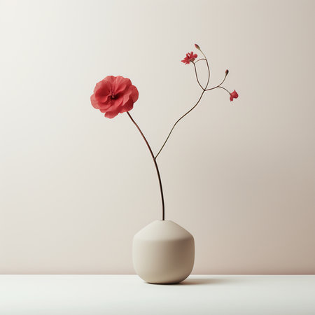 3d render, white vase with red flowers on the tableの素材