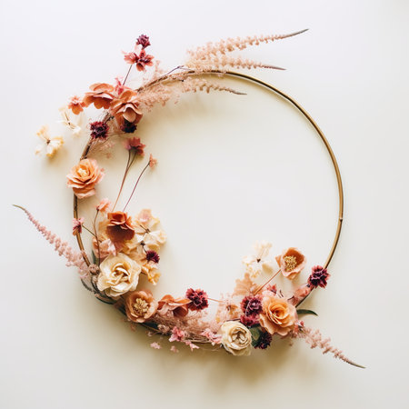 Wreath of dried flowers on white background. Flat lay, top viewの素材