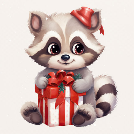 Cute raccoon with a gift in his hands. Vector illustration.の素材