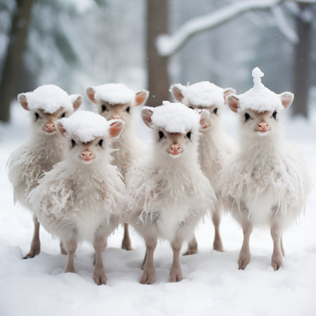 Flock of sheep standing in the snow in a winter forest.の素材