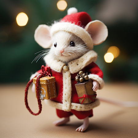 Christmas and New Year concept. Cute white rat in a red sweater with gifts on the background of a Christmas tree.の素材