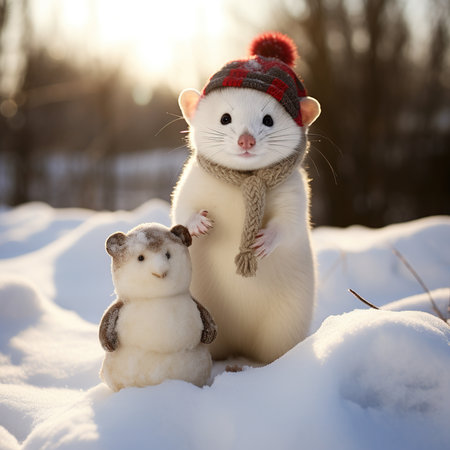 Cute white rat in winter clothes with a toy bear on snowの素材