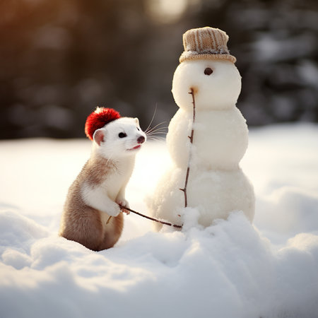 Cute little rat and snowman in winter forest. Winter fun.の素材