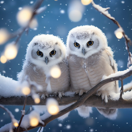 Two owls sitting on a branch covered with snow in winter.の素材